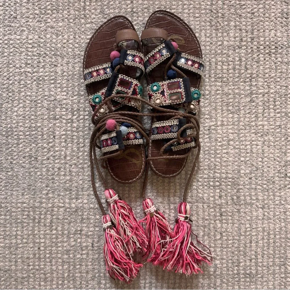 Sam Edelman Bohemian Embroidered Greek Leather Sandals with Pink Tassels